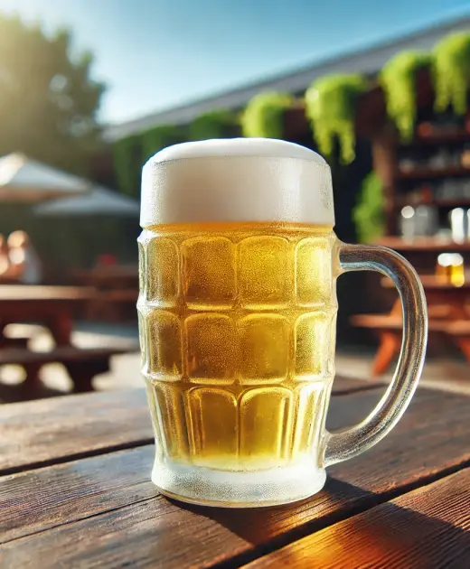 DALL·E 2025-03-11 19.55.06 – A frosty mug of pilsner beer with a pale golden hue and a crisp white head, placed on a wooden outdoor table with a sunny beer garden in the backgroun DALL·E 2025-03-11 19.55.06 - A frosty mug of pilsner beer with a pale golden hue and a crisp white head, placed on a wooden outdoor table with a sunny beer garden in the backgroun